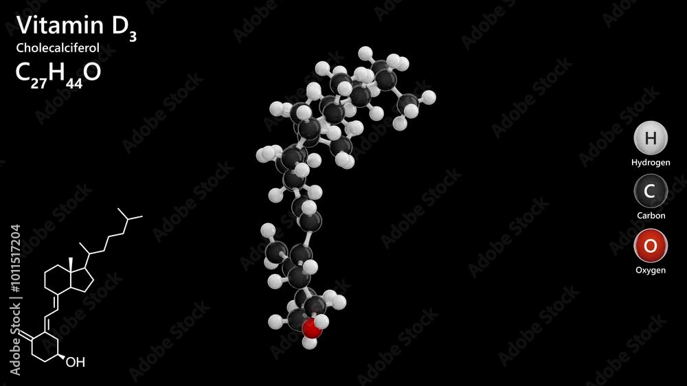 Molecule of Vitamin D3 or cholecalciferol (C27H44O) is a fat-soluble vitamin produced in the skin upon UVB light exposure. Black background. 3d rendering. Seamless loop Molecule of Vitamin D3 or cholecalciferol (C27H44O) is a fat-soluble vitamin produced in the skin upon UVB light exposure. Black background. 3d rendering. Seamless loop