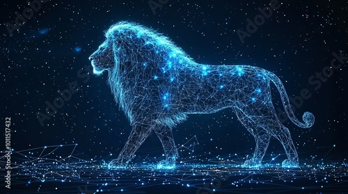 A majestic lion, crafted from digital starlight, strides confidently amidst a heavenly design, embodying an ethereal blend of fantasy, strength, and celestial beauty. photo