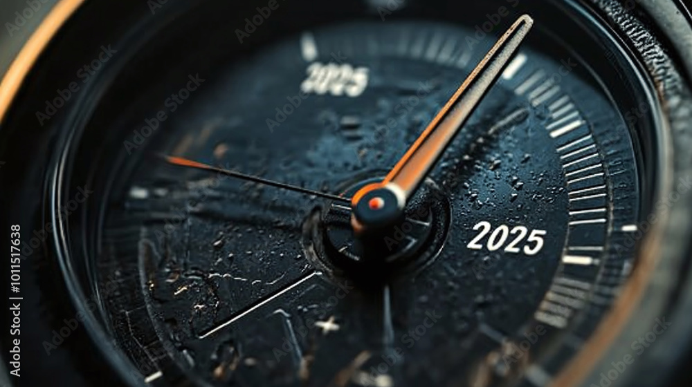 Black speedometer with needle moving to the year Black speedometer with needle moving to the year