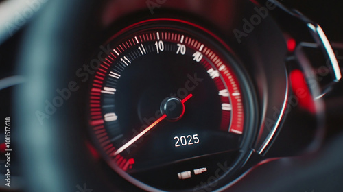 Black speedometer with needle moving to the year 