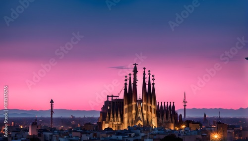Silhouette of the Barcelona skyline with la sagrada familia against a bright blue and pink dusk, Ai Generated