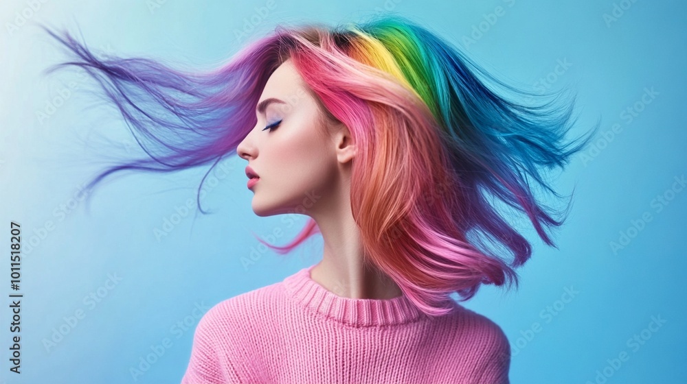 Vibrant rainbow-colored hair flows dynamically against a blue backdrop, showcasing a bold and artistic hairstyle on a woman wearing a soft pink sweater. Vibrant rainbow-colored hair flows dynamically against a blue backdrop, showcasing a bold and artistic hairstyle on a woman wearing a soft pink sweater.