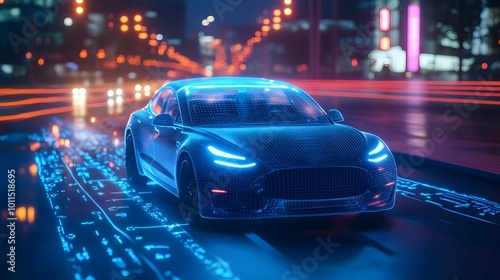 Futuristic Electric Car on Smart Road with Neon Lights