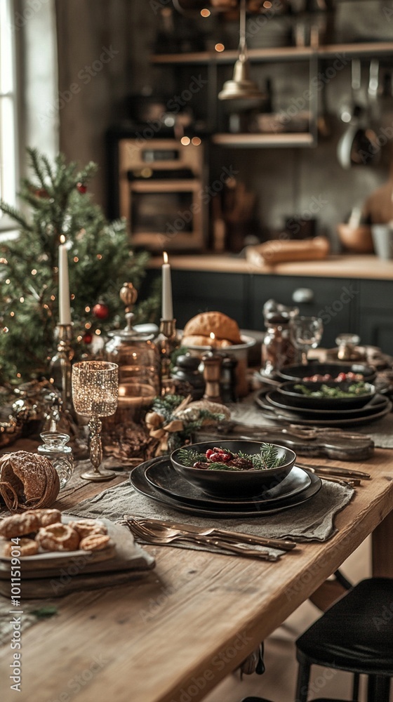 Festive holiday table setting with rustic charm: wooden dining table adorned with elegant plates, candles, and a small Christmas tree, set against a cozy kitchen backdrop. Festive holiday table setting with rustic charm: wooden dining table adorned with elegant plates, candles, and a small Christmas tree, set against a cozy kitchen backdrop.