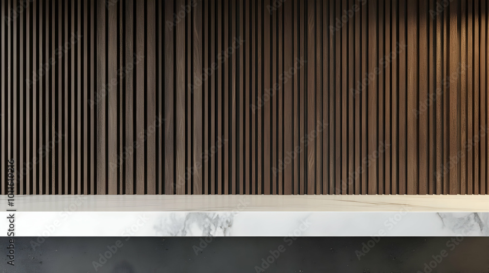 Elegant 3D Render of Marble Countertop with Wood Slats Elegant 3D Render of Marble Countertop with Wood Slats