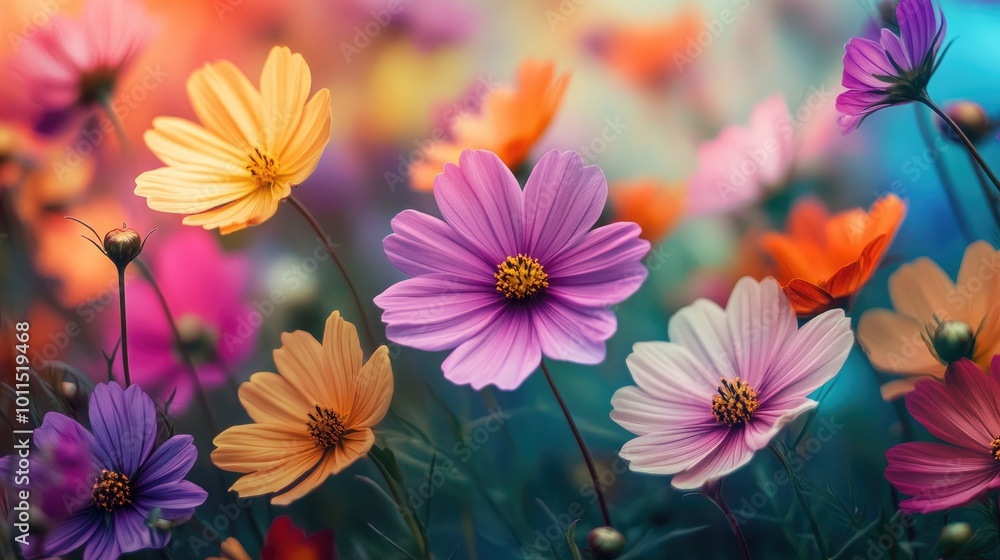 Close-up of a field of cosmos flowers in various colors, creating a lively and colorful floral scene Close-up of a field of cosmos flowers in various colors, creating a lively and colorful floral scene