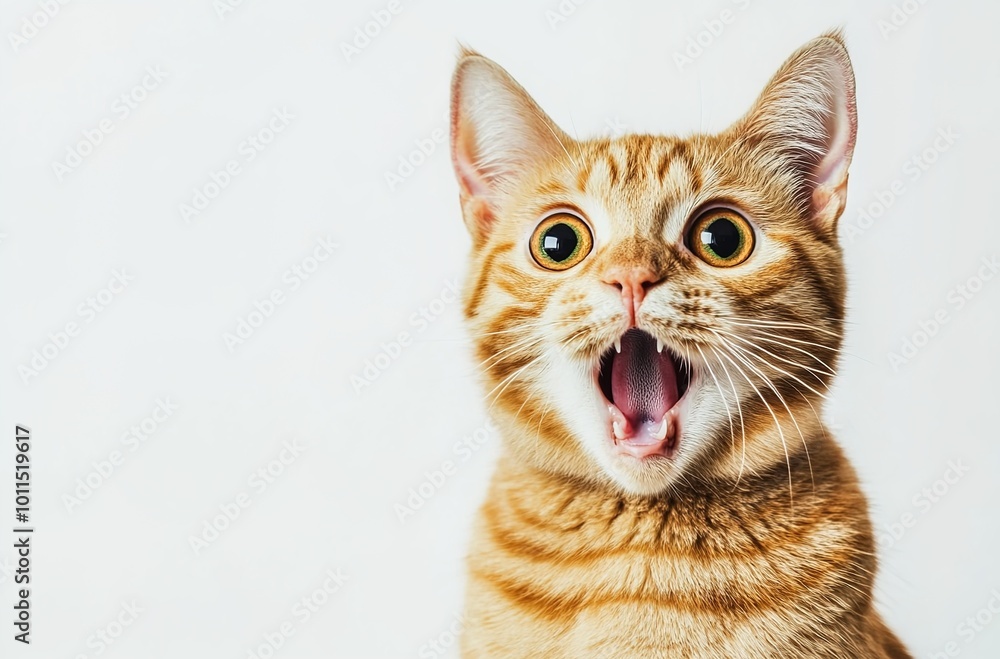 A ginger cat with an open mouth and surprised expression, solid white background A ginger cat with an open mouth and surprised expression, solid white background
