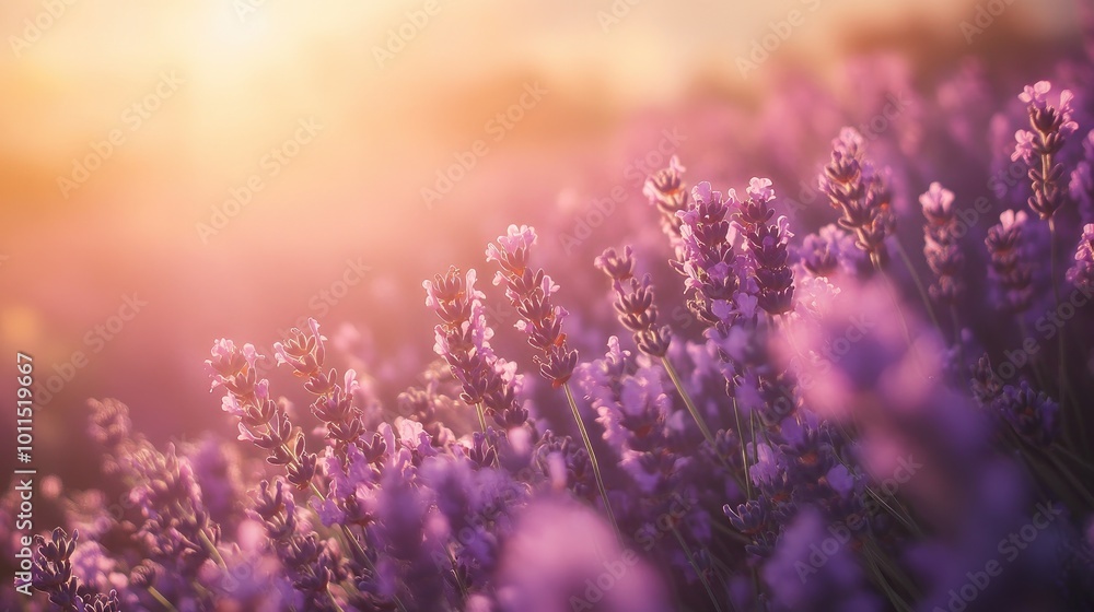 Close-up of a field of lavender in full bloom, with rows of purple flowers and a soft, hazy background Close-up of a field of lavender in full bloom, with rows of purple flowers and a soft, hazy background