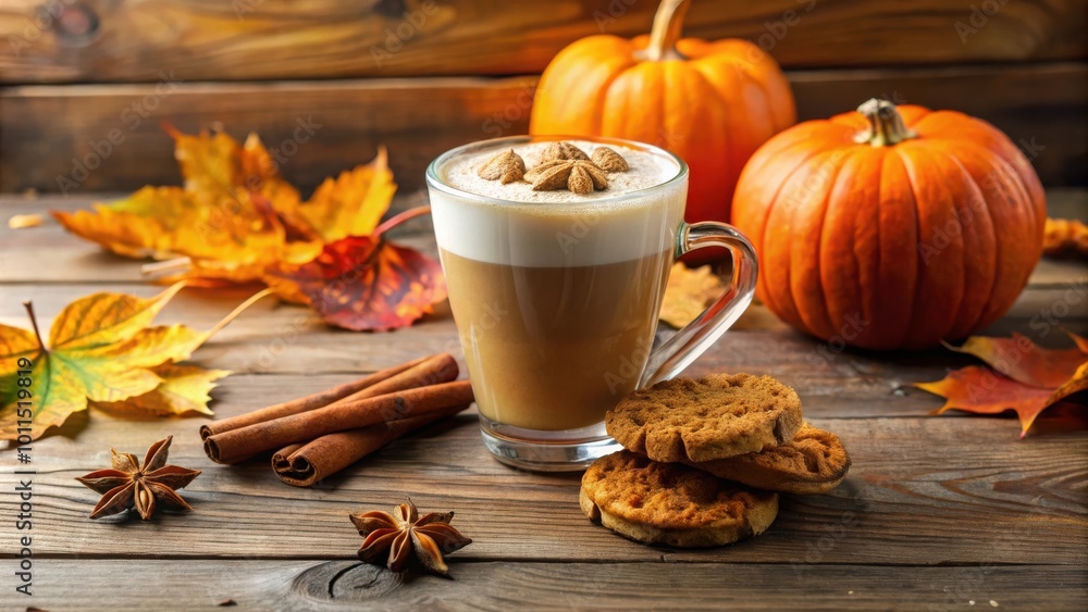 Aromatic Pumpkin Spice Latte with Star Anise, Cinnamon Sticks, and Fall Leaves on Rustic Wooden Table Aromatic Pumpkin Spice Latte with Star Anise, Cinnamon Sticks, and Fall Leaves on Rustic Wooden Table
