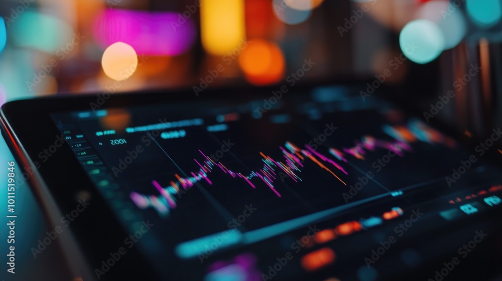 Close-up of a financial dashboard showing real-time stock prices and line graphs on a tablet