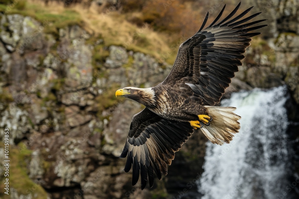 Majestic eagle soaring above a waterfall. Its powerful wings spread wide while it hunts for prey in a vibrant natural setting. The beauty of wildlife captured in stunning detail. Generative AI Majestic eagle soaring above a waterfall. Its powerful wings spread wide while it hunts for prey in a vibrant natural setting. The beauty of wildlife captured in stunning detail. Generative AI