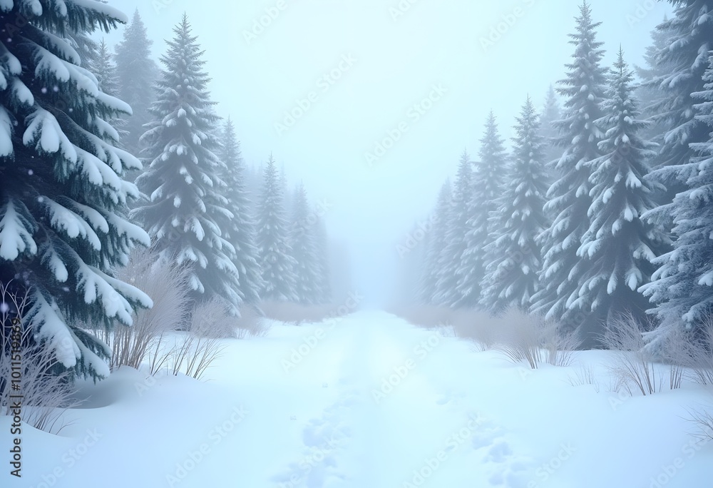Obraz premium Beautiful winter landscape with snow covered trees in fog 