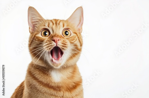 A ginger cat with an open mouth and surprised expression, solid white background