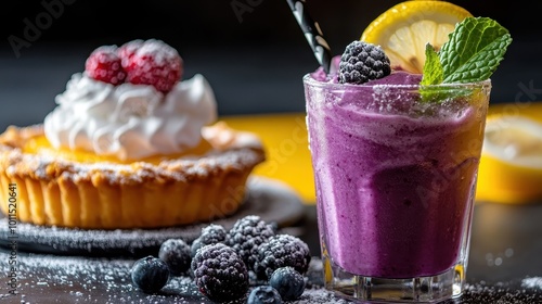 A vibrant berry smoothie topped with fresh mint and a lemon slice, sitting beside a berry tart, evoking freshness, indulgence, and fruity delight. photo