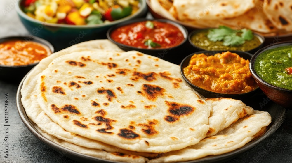 Close-up of a freshly made roti with a slightly crispy edge, accompanied by a variety of colorful side dishes and chutneys Close-up of a freshly made roti with a slightly crispy edge, accompanied by a variety of colorful side dishes and chutneys