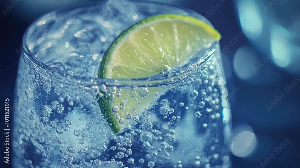 Close-up of a frosty glass of sparkling water with bubbles and a lime wedge Close-up of a frosty glass of sparkling water with bubbles and a lime wedge