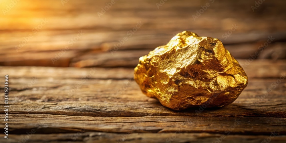 A single, golden nugget resting on a weathered, rustic wooden surface, bathed in warm, natural light. A single, golden nugget resting on a weathered, rustic wooden surface, bathed in warm, natural light.