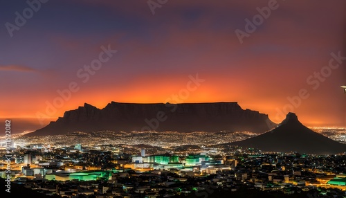 Silhouette of the cape town skyline with Table Mountain glowing under a bright green and orange sky, AI Generated