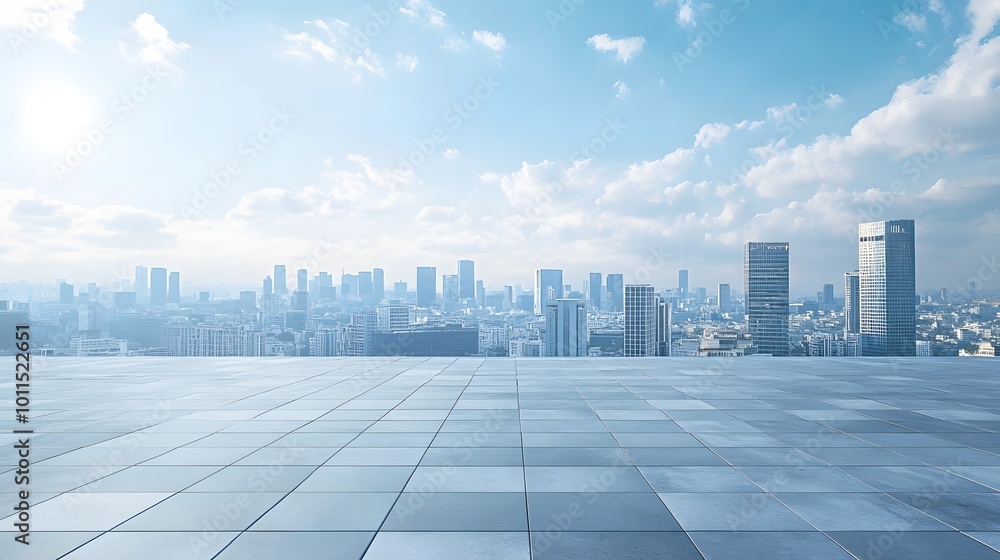 Cityscape Skyline with Empty Rooftop Concrete Floor Cityscape Skyline with Empty Rooftop Concrete Floor