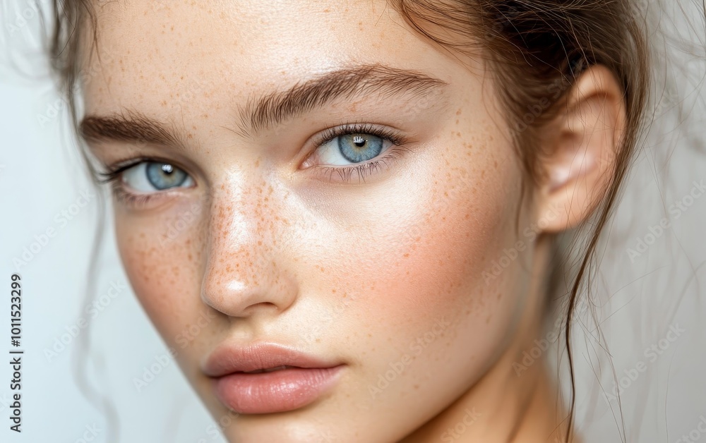 Fototapeta premium A close-up portrait of a young woman with blue eyes and freckles, showcasing natural beauty and skincare.