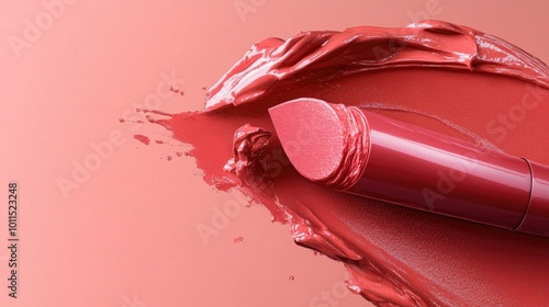 Close-up of a lipstick bullet being twisted up from its case, showing its creamy texture and vibrant hue