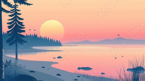 Calm shoreline flat design side view morning theme cartoon drawing Triadic Color Scheme photo