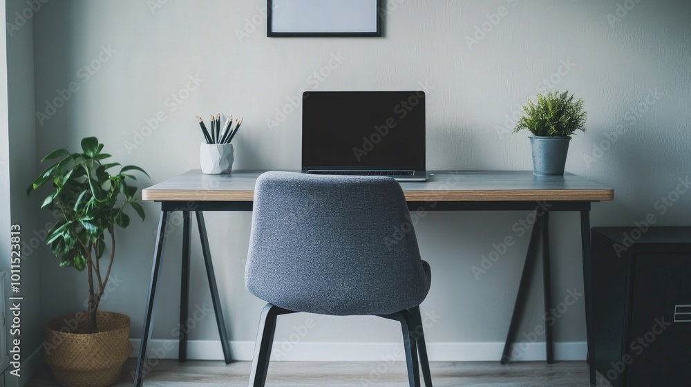 Close-up of a minimalist home office with a sleek desk, ergonomic chair, and minimalistic decor, focusing on a clean workspace Close-up of a minimalist home office with a sleek desk, ergonomic chair, and minimalistic decor, focusing on a clean workspace