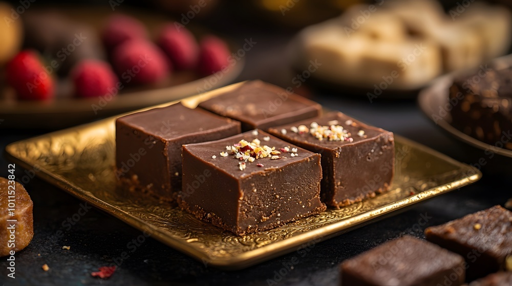 Delicious Chocolate Fudge Squares with Sprinkles on Gold Plate Delicious Chocolate Fudge Squares with Sprinkles on Gold Plate