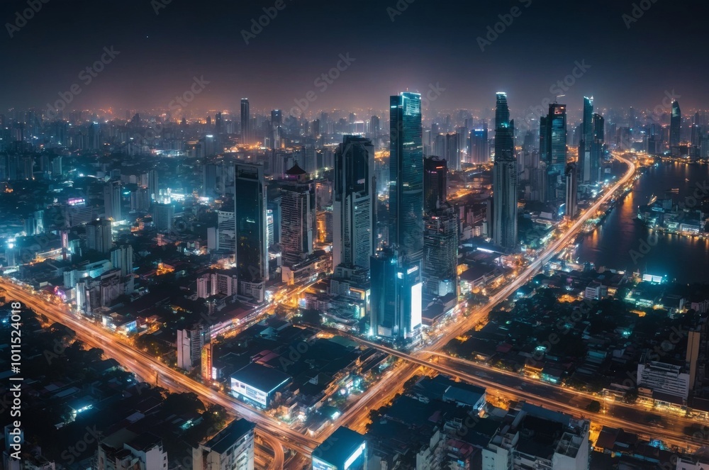 Obraz premium Aerial view of modern city at night with illuminated skyscrapers