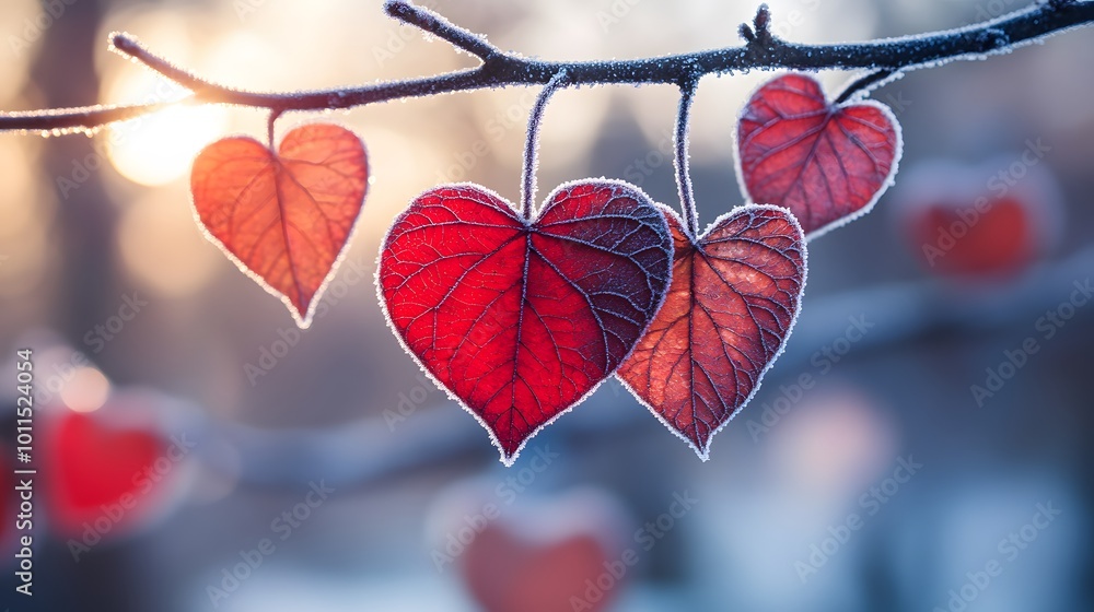 Frosted Heart Shaped Leaves on a Branch in Winter Frosted Heart Shaped Leaves on a Branch in Winter