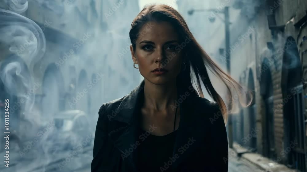 Confident woman walking through a smoky urban alley, wind in her hair Confident woman walking through a smoky urban alley, wind in her hair