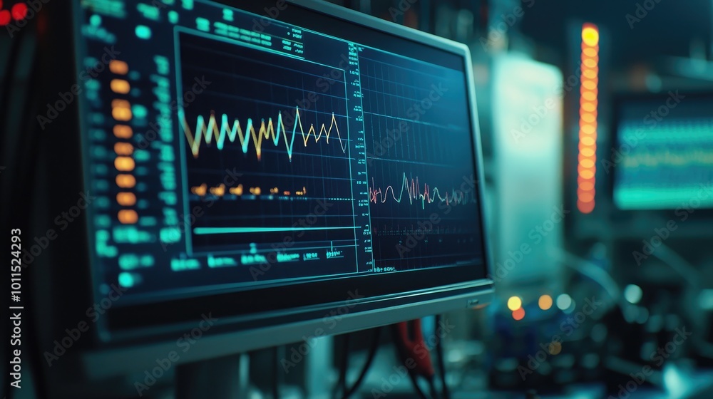 Close-up of a monitor displaying electrical signals and waveform data in a high-tech laboratory setting Close-up of a monitor displaying electrical signals and waveform data in a high-tech laboratory setting