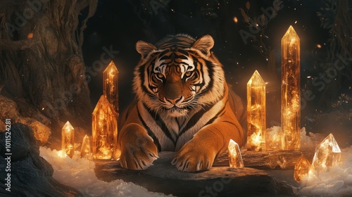 Tiger Symbolism, Feng Shui crystals and candles create a serene atmosphere for spiritual growth and prosperity, vibrant colors, mystical energy photo