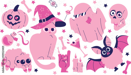 Pink Halloween vector set with cat, ghost, skull, spider, bat, pumpkin, stars, bones. Pink print in flat style.