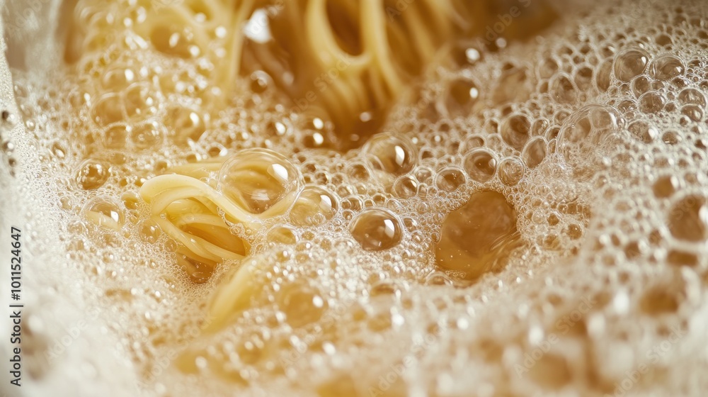 Close-up of a non-stick pot with a boiling pasta, showing a close-up of the bubbles and pasta in the hot water Close-up of a non-stick pot with a boiling pasta, showing a close-up of the bubbles and pasta in the hot water