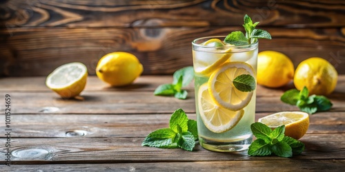 Refreshing lemon and mint infused water with ice in a glass on a rustic wooden background