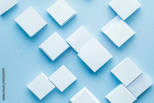 A creative arrangement of blank square papers on a soothing blue backdrop during a quiet afternoon