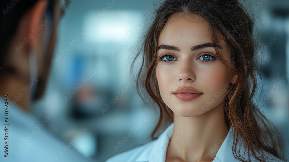 Young woman with blue eyes in professional setting, portrait Young woman with blue eyes in professional setting, portrait