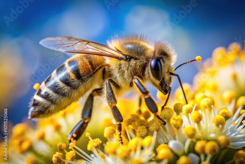 Macro shot honeybee collecting pollen, asymmetrical