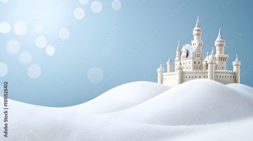 Fototapeta premium Enchanting Snow-Covered Castle in a Mystical Winter Wonderland - A Fairy Tale Scene with Frosty Battlements and Majestic Ancient Stone Walls