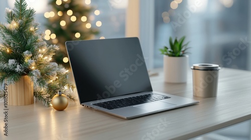 Wallpaper Mural Desk with laptop and Christmas tree, modern festive office Torontodigital.ca