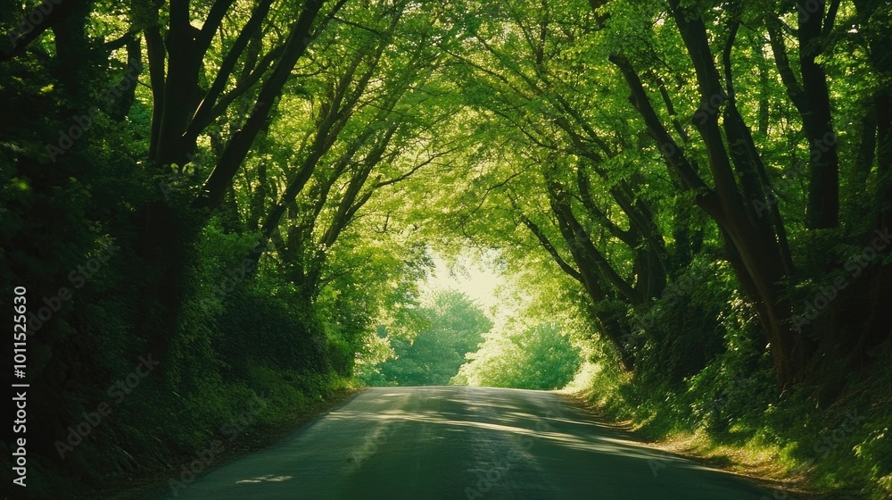 Obraz premium Close-up of a scenic road with a canopy of trees arching overhead, creating a tunnel of green and dappled sunlight
