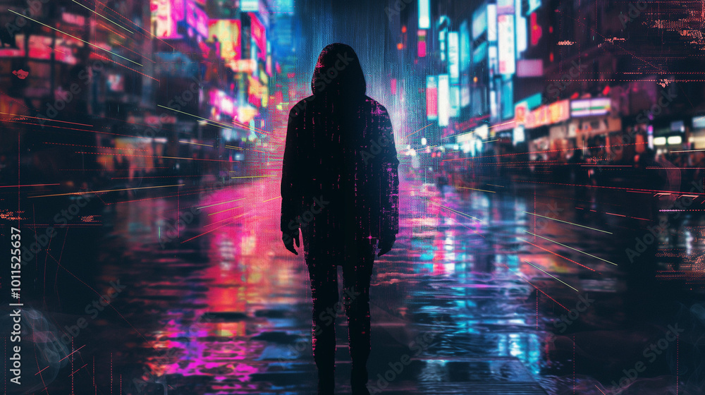 A solitary figure stands in a neon-lit urban landscape during a rainy night, capturing the essence of city life A solitary figure stands in a neon-lit urban landscape during a rainy night, capturing the essence of city life