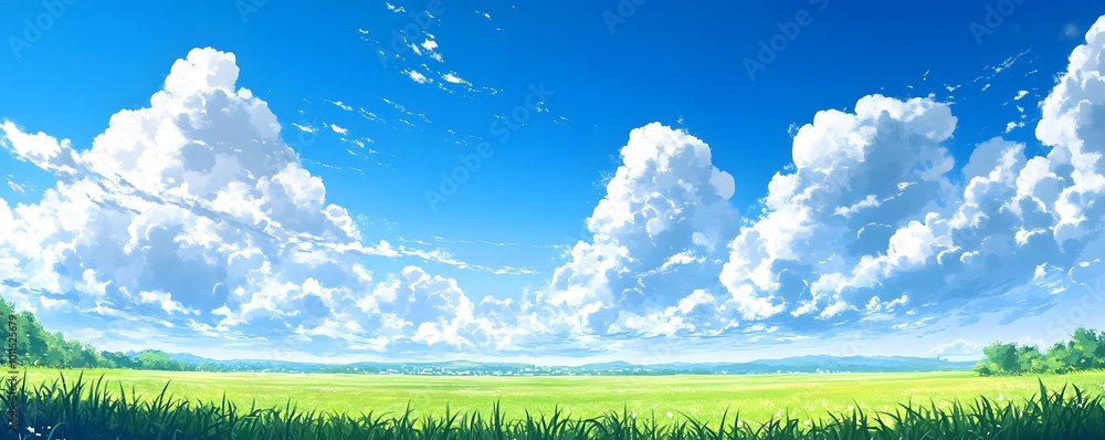 Serene Landscape with Vast Green Field and Blue Sky Serene Landscape with Vast Green Field and Blue Sky