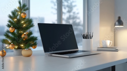 Wallpaper Mural Desk with laptop and Christmas tree, modern festive office Torontodigital.ca