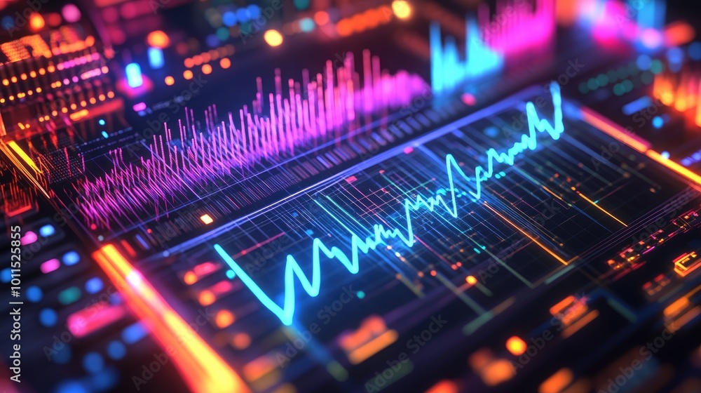 Close-up of a signal processing interface displaying electrical waveforms with various frequencies Close-up of a signal processing interface displaying electrical waveforms with various frequencies