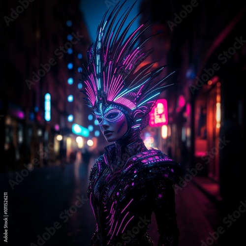 Cyberpunk Masked Figure Illuminated by Neon Lights in Futuristic City