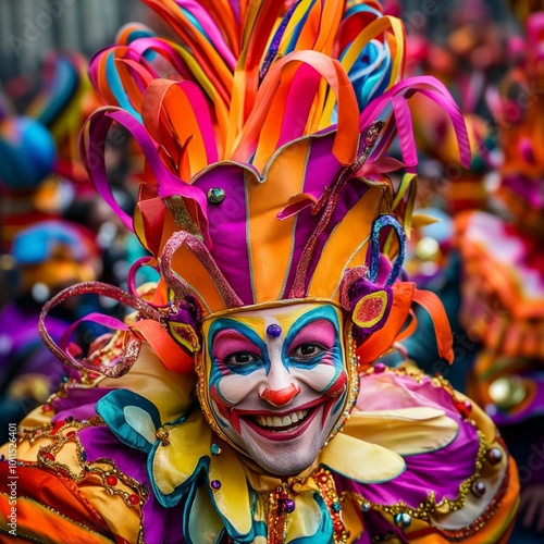 Vibrant Carnival Clown in Festive Colors at a Joyful Street Parade
