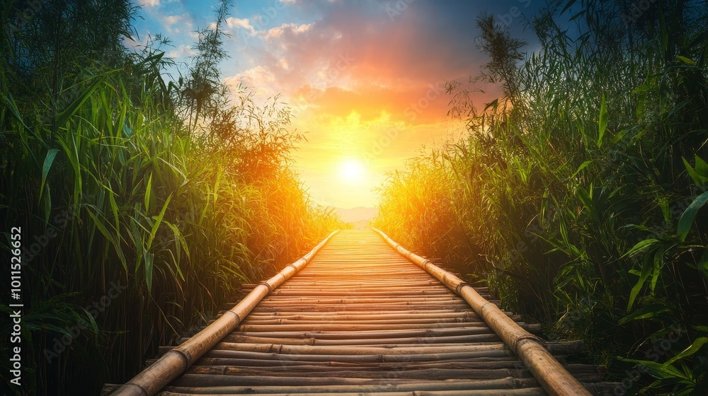 Fototapeta premium Bamboo pathway towards a radiant horizon, representing a journey filled with growth and optimism, inviting exploration and serenity