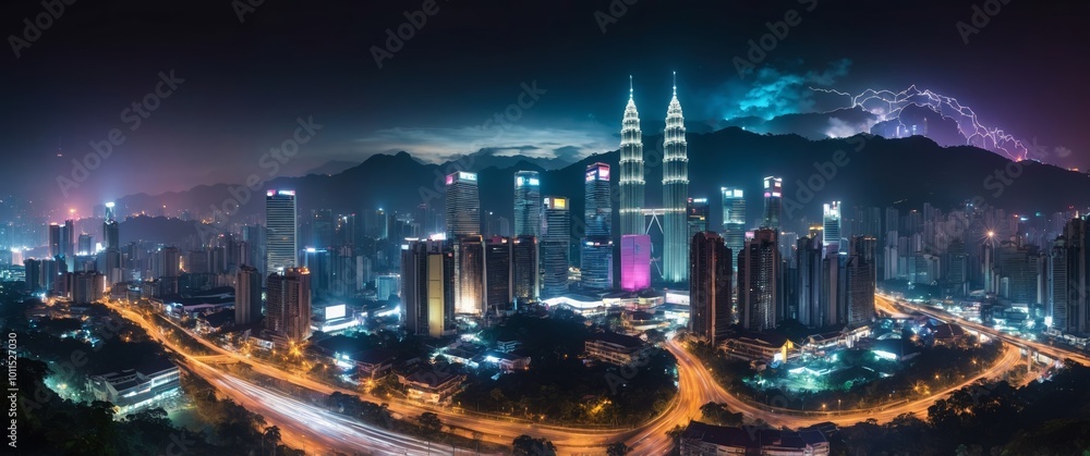 Kuala lumpur skyline at night with lightning striking mountains Kuala lumpur skyline at night with lightning striking mountains